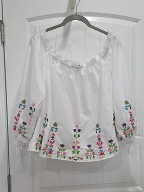 Timing Off The Shoulder, Cotton Embroidered White Blouse, Large